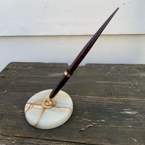 Shaeffer’s Fountain Pen Round Marble Stand Desk Set 14k Gold Nib White Dot Desk - Picture 2 of 8